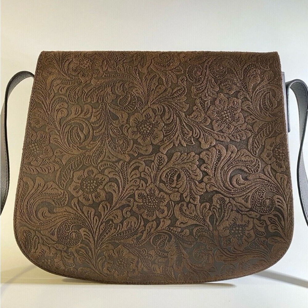 Vintage Lord & Taylor Elegant Brown Floral Embossed Tooled Leather Crossbody Bag